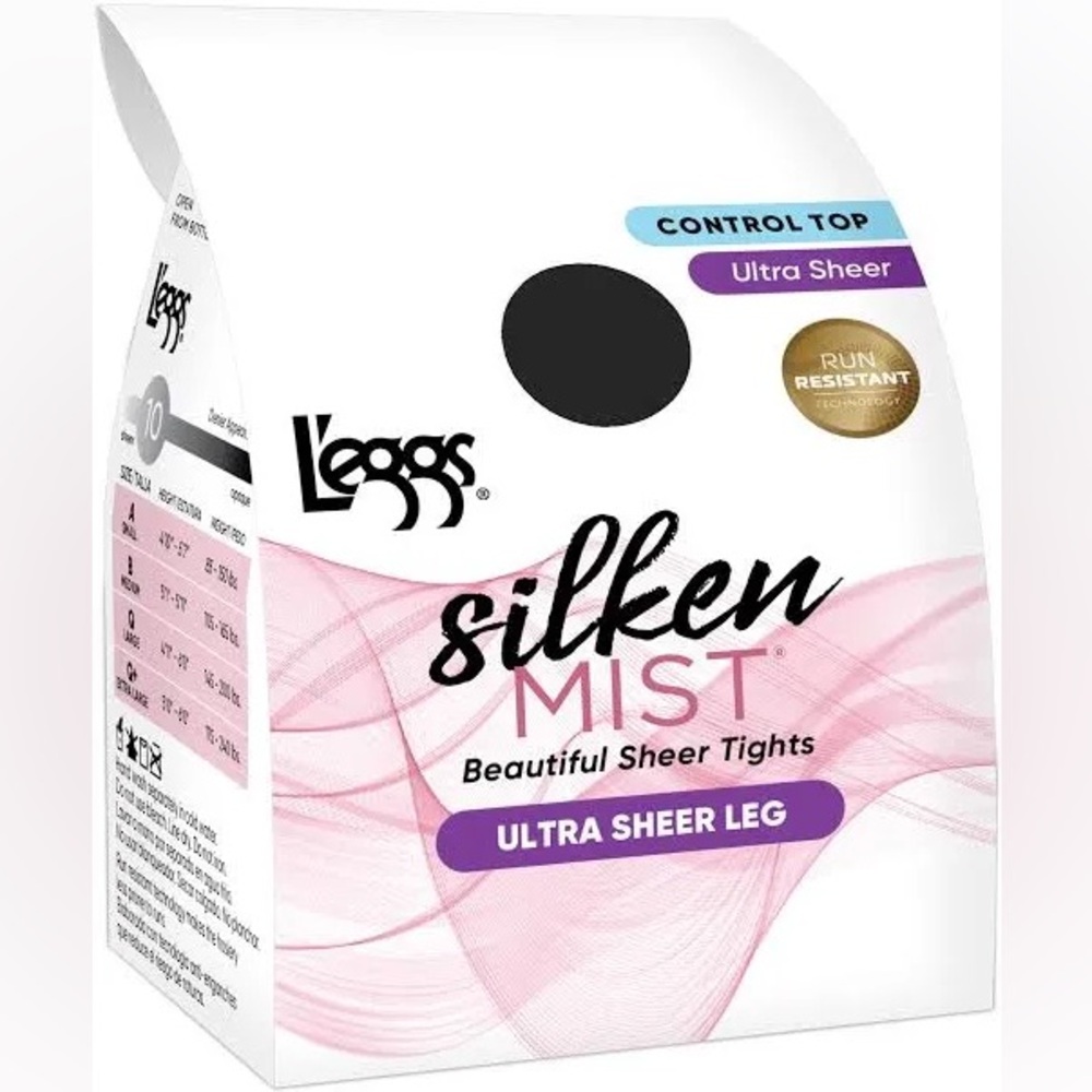 Leggs Silken Mist Ultra Sheer Leg Tights Pantyhose Jet Black Control Top